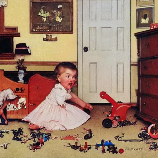 Prompt: A baby playing with her toys at her room, artwork by Norman Rockwell, cinematic composition