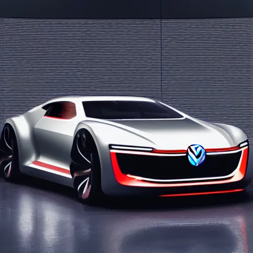 Prompt: a concept volkswagen vision gran turismo supercar inside a dark showroom with studio spotlights reflecting on the bodywork