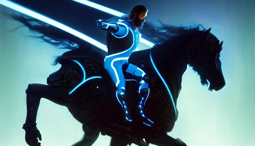 Prompt: tron legacy jesus riding cyborg horse, face, diffuse lighting, hyper realistic, concept art, intricate, hyper detailed, smooth, sharp focus, illustration, trending on artstation, art by greg rutkowski and james gurney and alphonse mucha