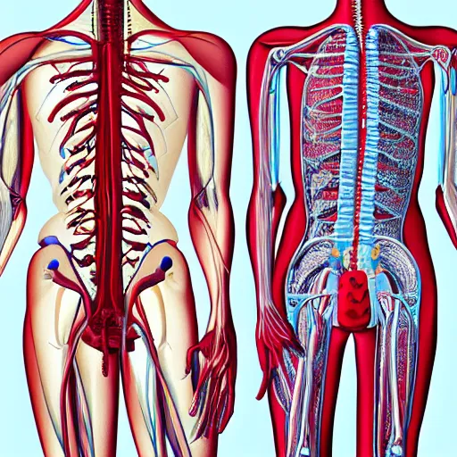 Prompt: Minimalist interpretation of a dissected human, organs in exploded view, realistic anatomy, textbook