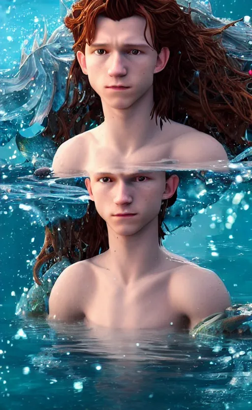 Image similar to tom holland as a charming mermaid work safe dreamlike with jewelry, character art, hyperdetailed, 8 k realistic, frostbite 3 engine, cryengine, dof, trending on artstation, digital art