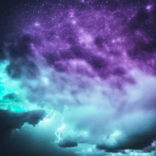 Prompt: purple color lighting storm with stormy sea, pirate ship firing its cannons real life trippy nebula sky 50mm shot