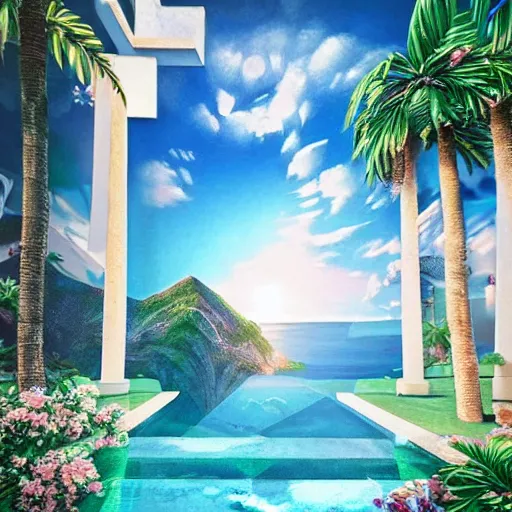 Image similar to geometric 3d masterpiece, hyperrealistic surrealism, award winning masterpiece with incredible details, epic stunning, infinity pool, a surreal vaporwave liminal space, highly detailed, trending on ArtStation, broken giant marble head statue ruins, calming, meditative, pink arches, flowing silk sheets, palm trees, very vaporwave, very very surreal, sharp details, artgerm and greg rutkowski and alphonse mucha, daily deviation, IAMAG