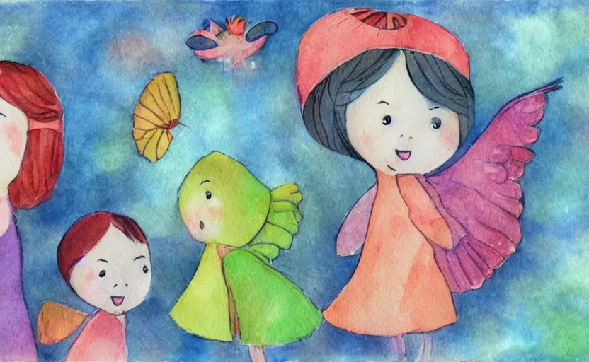 Prompt: children book illustration, A voice that flutters like a soft blanket around the four of them, water color