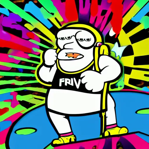 Image similar to svg sticker of a Family-Guy Peter-Griffin at a rave, spinning records, giant headphones rocking out, wearing headphones, huge speakers, dancing, rave, DJ, spinning records, digital art, amazing composition, rule-of-thirds, award-winning, trending on artstation, featured on deviantart