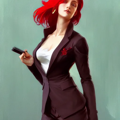 Image similar to a girl wearing a business suit, red hair, cinematic, stunning, highly detailed, digital painting, artstation, smooth, hard focus, illustration, art by artgerm and greg rutkowski and alphonse mucha