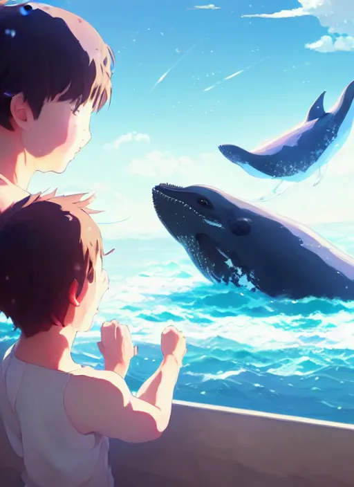 Image similar to boy and girl watching whales on sky, illustration concept art anime key visual trending pixiv fanbox by wlop and greg rutkowski and makoto shinkai and studio ghibli