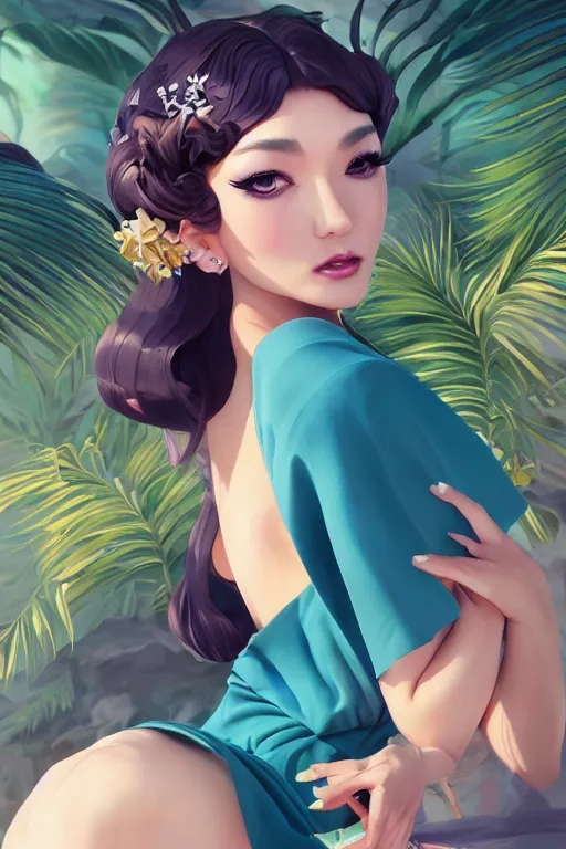 Image similar to a beautiful fashion goddness of love, chic strapless dress, tropical sea background, character design, in the style of artgerm, and wlop, cinematic lighting, hyperdetailed, 8 k realistic, symmetrical, global illumination, radiant light, frostbite 3 engine, cryengine, dof, trending on artstation, digital art