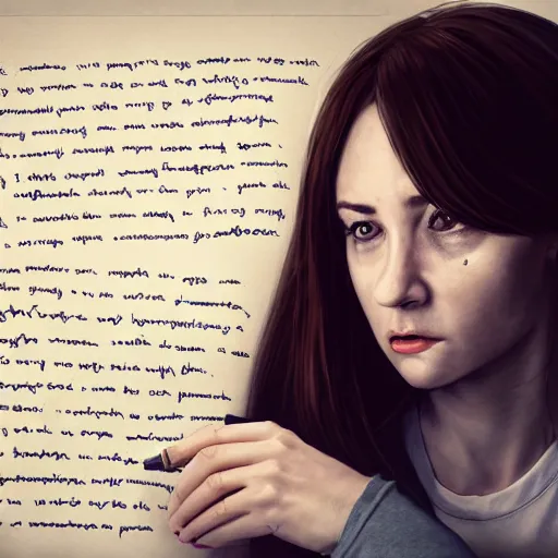 Image similar to realistic portrait of a terrified female author looking at some written notes while three male and one female characters look intensely, aesthetic!, trending on artstation, detailed digital art,