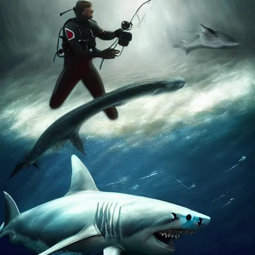 Image similar to a dream fantasy painting of ( white shark with blood teeth ) near a scuba diver, in the deep, trending on artstation, deviantart, matte painting by antonio j. manzanedo, greg rutkowski, holly bruce, jon kuo