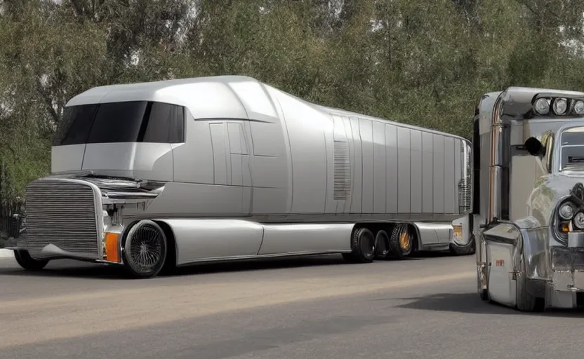 Image similar to a time-traveling delorean styled semi truck with trailer