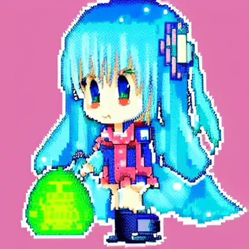 Image similar to pixel art anime girl holding a blue slime, kawaii chibi