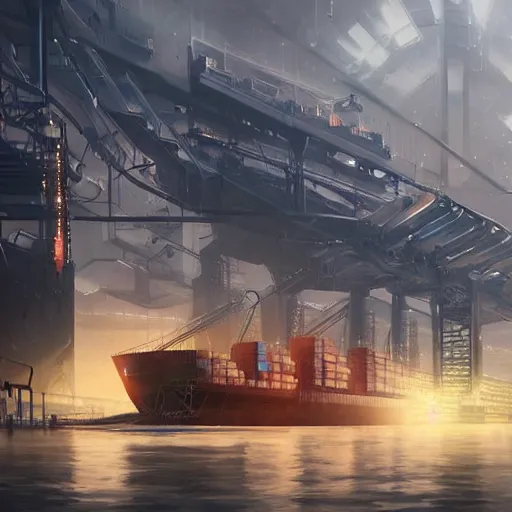 Image similar to Immense industrial futuristic cargo ship arrives at cyber punk city sea port, cinematic lighting, concept art