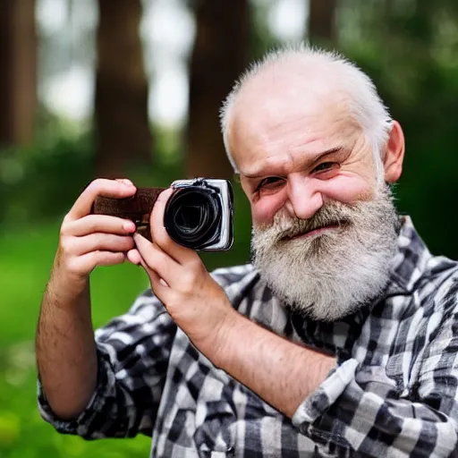 Image similar to cute cartoon character, beard grandpa taking a photo to a baby girl, old camera