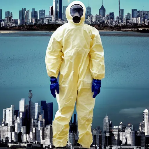 Image similar to a beautiful award-winning photo of the last man on Earth wearing a robotic hazmat suit, serene idyllic post-nuclear background, a mirage of the skyline of destroyed Buenos Aires, volumetric lighting, very high quality, extremely detailed, subtle visual noise, 8K