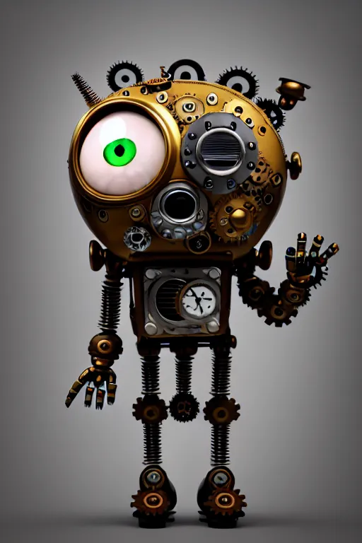 Prompt: a tiny cute steampunk robot with cogs screws big eyes smiling waving, back view, isometric 3 d, ultra hd, character design by mark ryden pixar hayao miyazaki, unreal 5, daz, hyperrealistic, octane render, cosplay, rpg portrait, dynamic lighting, intricate detail, summer vibrancy, cinematic, symmetrically isometrically centered
