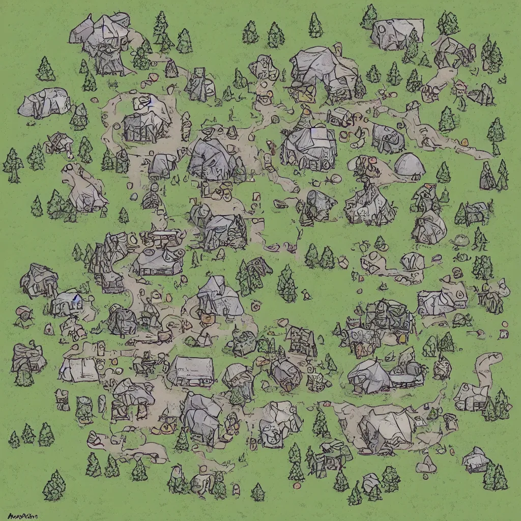 Image similar to simplistic bandit camp layout, art by allixander maps, acrylic drawing, fantasy, world, bright, clear, simple, sharpened