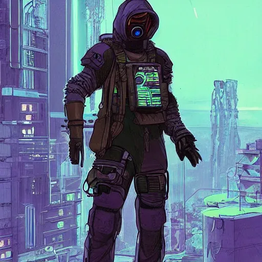 Image similar to ivan. Apex legends cyberpunk hacker. Concept art by James Gurney and Mœbius.