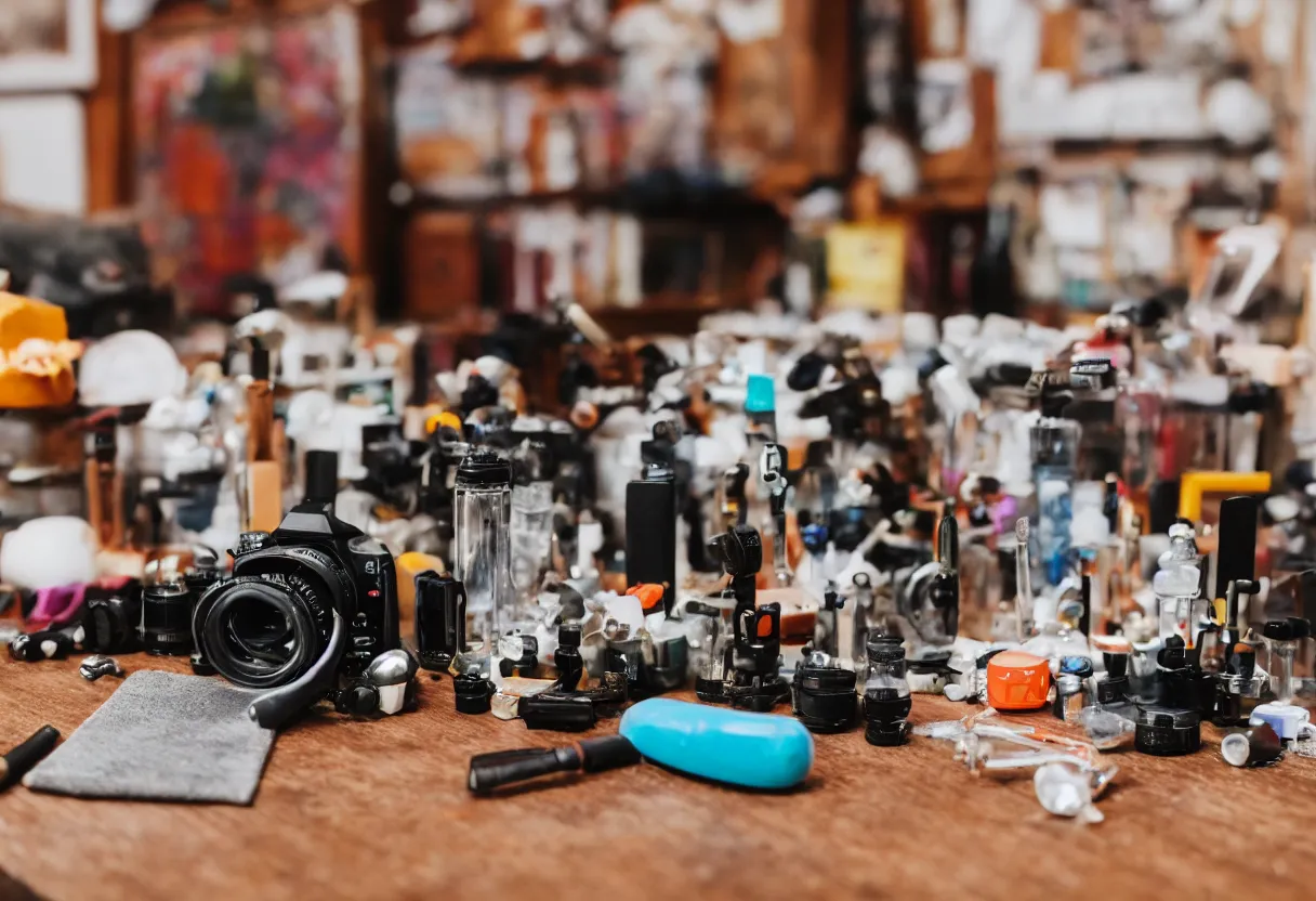 Image similar to wide dslr photo still of an occult toy on a table cluttered with drug paraphernalia