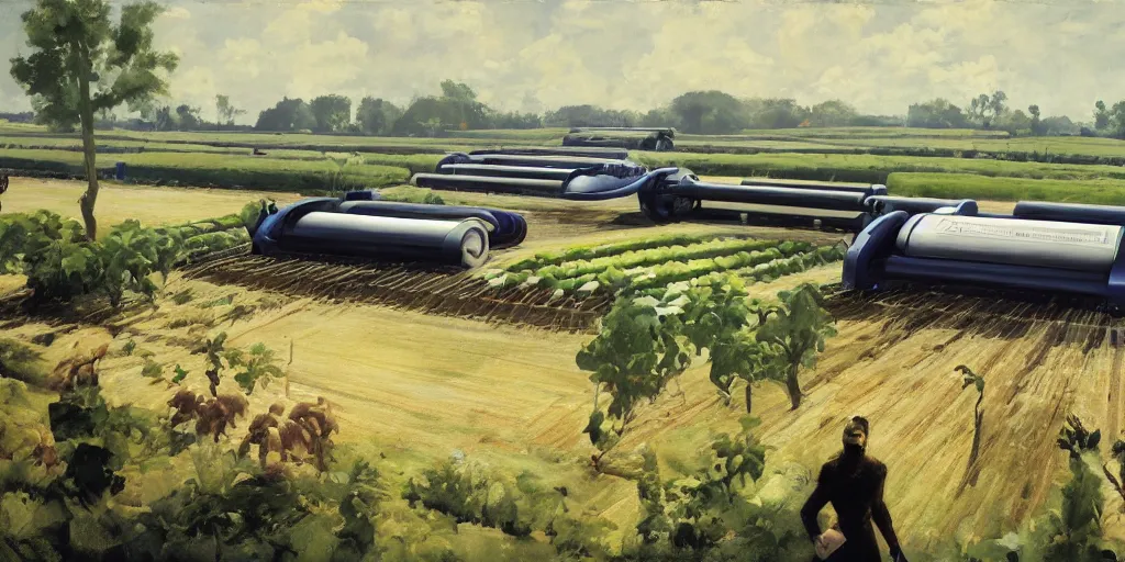 Prompt: a futuristic automated extensive farm, robot machinery, sleek, organic, white, perfect weather, by Gregory Manchess, John Picacio and Brom, UHD 8k