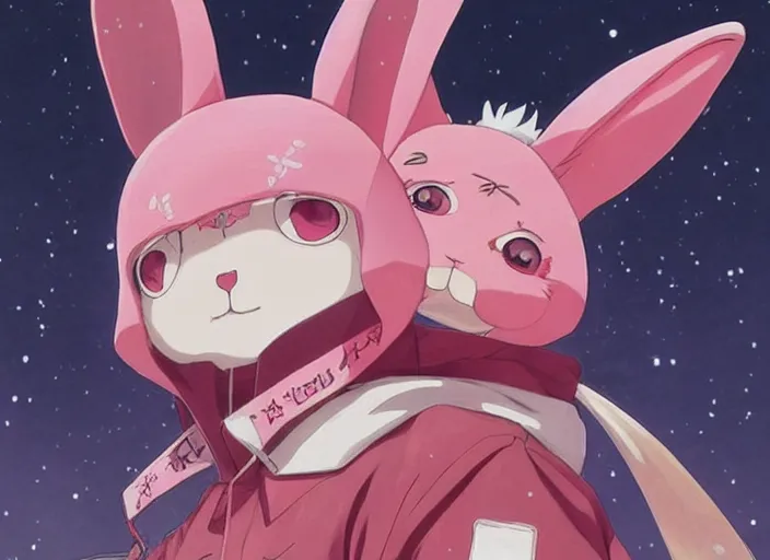 Prompt: official artwork of an anime pink rabbit wearing a letterman jacket, by Krenz Cushart, detailed art, many stars in the night sky, pink iconic character, 獣, yokai, wallpaper, bunny, large ears, male character, aesthetic, helmet, motorbiker, rabbit, rabbit shaped helmet