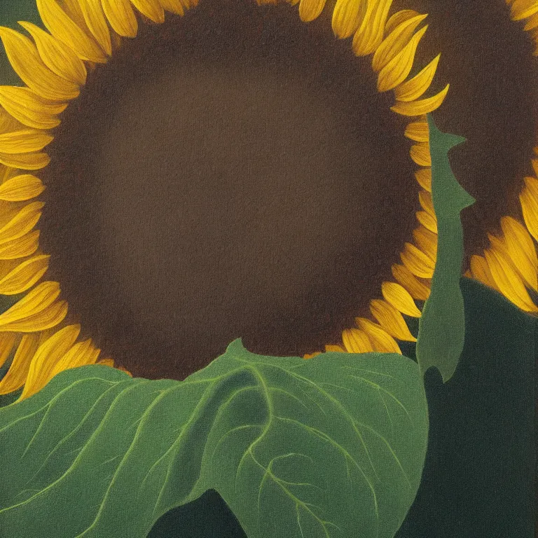 Image similar to portrait of a faceless sunflower - head man by rene magritte, detailed painting, distance, centered, hd, hq, high resolution, high detail, 4 k, 8 k