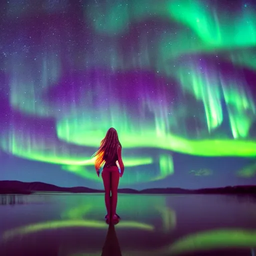 Prompt: a photo of a girl standing in a lake looking at the entire universe, ethereal, aurora borealis