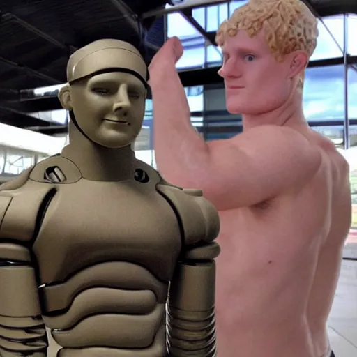 Image similar to a realistic detailed photo of a guy who is an attractive humanoid who is half robot and half humanoid, who is a male android, wrestler bo nickal, shiny skin, posing like a statue, blank stare, by the pool, on display, showing off his muscles, humanoid robot, frozen ice statue