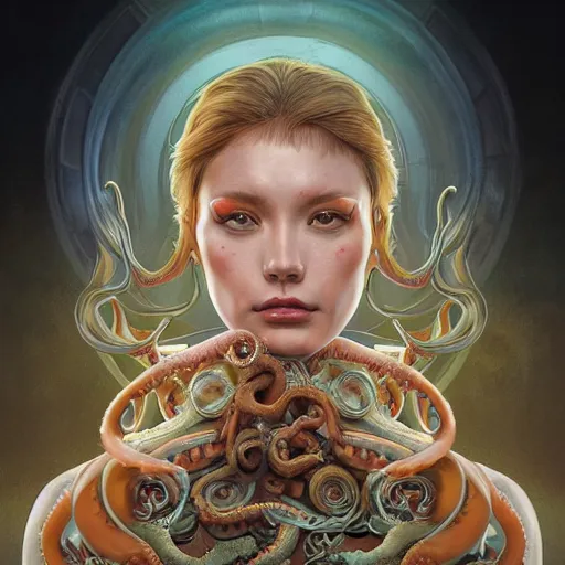 Image similar to portrait painting of octowoman, half woman, half octopus, ultra realistic, concept art, intricate details, extremely detailed, photorealistic, octane render, unreal engine. art by artgerm and dan mumford and alphonse mucha and studio ghibli, mixed media, 8 k