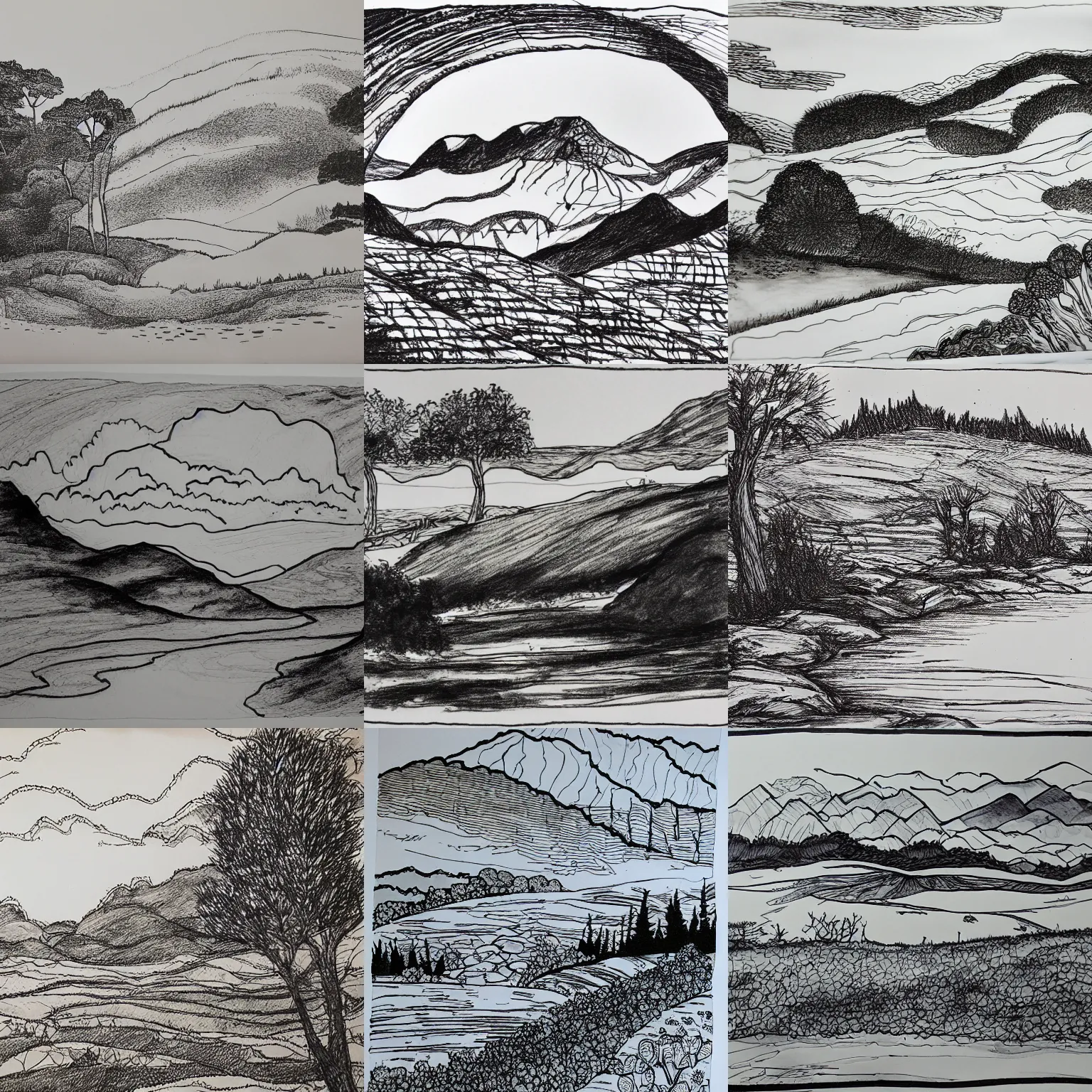 Prompt: landscape, pen and ink