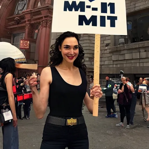 Prompt: Gal Gadot holding a sign that says M I T C H I as painted by Ralph Horsley