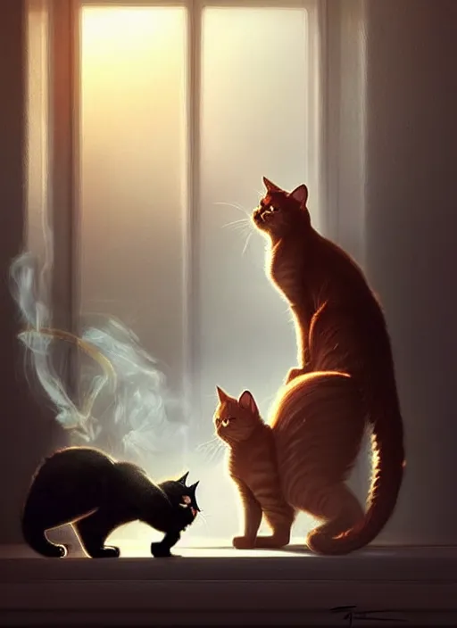 Image similar to a cat thinking about what he had done, vases slowly falling on on the ground, realistic smoke and explosions, elegant, highly detailed, digital illustration, trending in artstation, trending in pinterest, glamor photo, concept art, smooth, sharp focus, art by artgerm and greg rutkowski