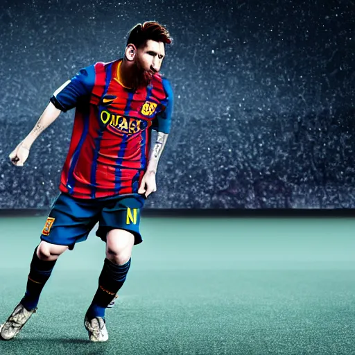 Image similar to messi, playing soccer, cyberpunk aesthetic, 4 k, high - res, highly - detailed