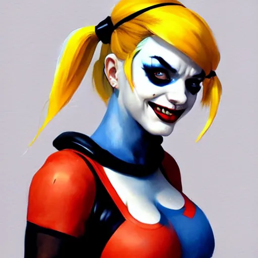 Image similar to Greg Manchess portrait painting of Harley Quinn as Overwatch character, medium shot, asymmetrical, profile picture, Organic Painting, sunny day, Matte Painting, bold shapes, hard edges, street art, trending on artstation, by Huang Guangjian and Gil Elvgren and Sachin Teng