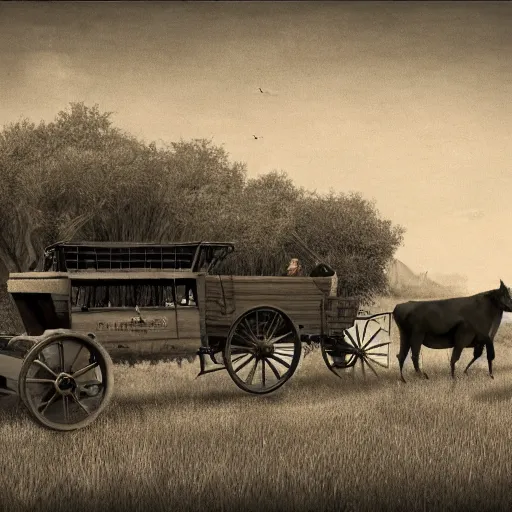 Image similar to a monochromatic sepia photograph of a delorean traveling with covered wagons and cattle on the oregon trail, trending on art station,