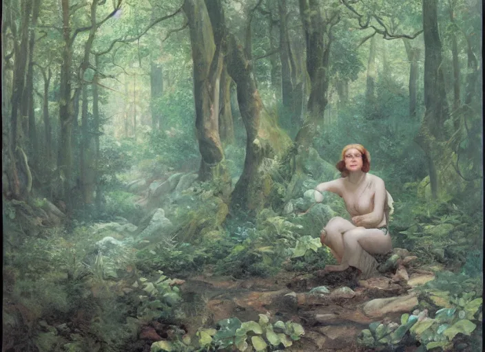 Prompt: a porcelain marble woman in deep forest grotto, dappled light on the forest floor, by abbott fuller graves