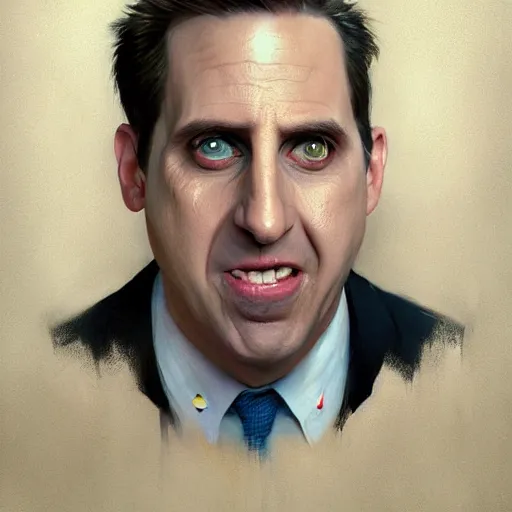 Image similar to hyper realistic, surreal, portrait of michael scott making silly absurd faces, painted by greg rutkowski, wlop, loish,