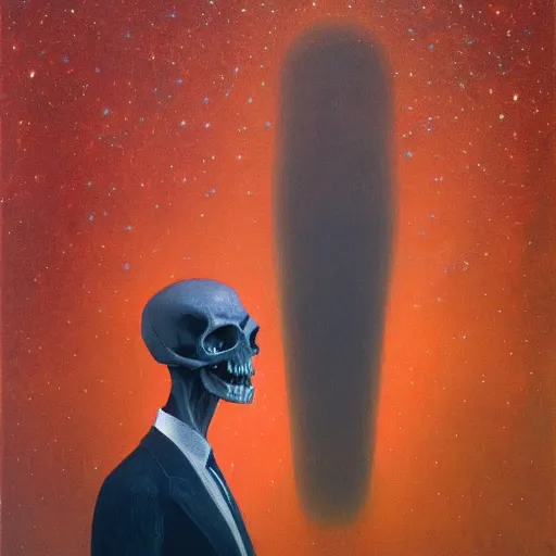 Image similar to a portrait of a man in a suit, his head is a skull, it is night and the sky is covered in stars, dramatic and cinematic lights, in the style of zdzislaw beksinski, in the style of edward hopper, 4 k,