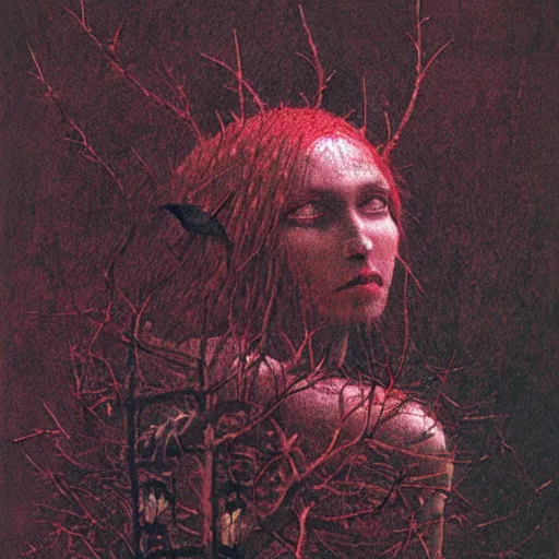 Image similar to crow girl in thorns by Beksinski