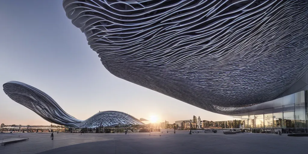 Image similar to extremely detailed ornate stunning sophisticated beautiful elegant futuristic museum exterior by Zaha Hadid, stunning volumetric light, sunset, concrete ant translucent material, stunning skies, 8k dragonfly structural pattern