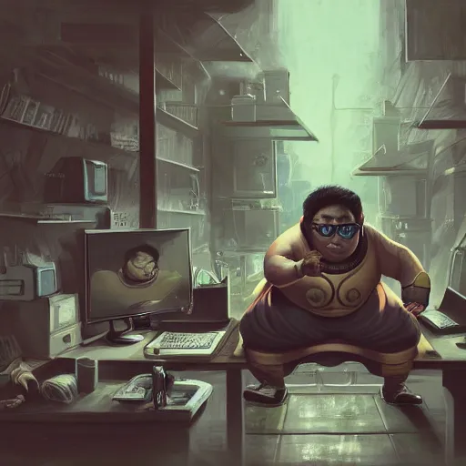 Image similar to an insanely detailed painting of a chubby nerdy asian man wearing a homemade superhero costume and mask, sitting at a computer desk typing on the keyboard, in the style of peter mohrbacher, dramatic lighting and composition, trending on artstation, concept art, comic book, graphic novel, back view