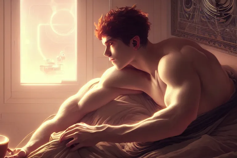 Image similar to ultra realistic, beautiful male plugged into the internet, laying in bed, sci - fi, intricate details, eerie, highly detailed, octane render, 8 k, art by artgerm and alphonse mucha and greg rutkowski