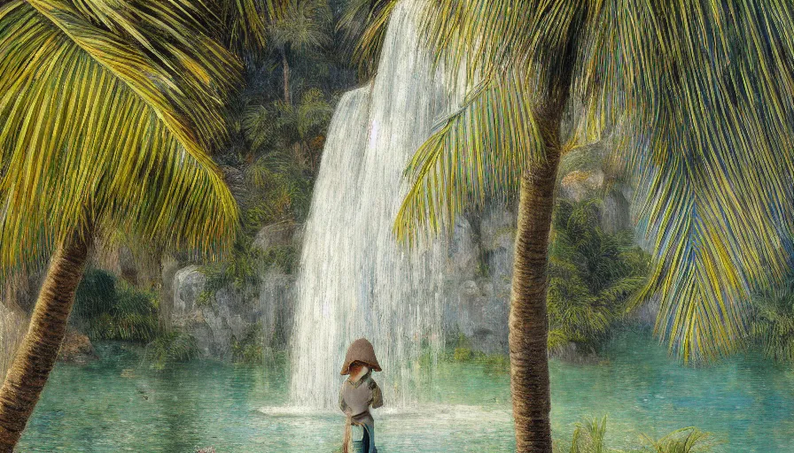 Image similar to a ultradetailed beautiful painting of the diamonds waterfall in the amazonas palace balustrade designed by jules bastien - lepage, tarsila do amaral, frank weston and gustave baumann, beach, trending on artstation, mediterranean, palm trees, sharp focus, soft light, 8 k 4 k