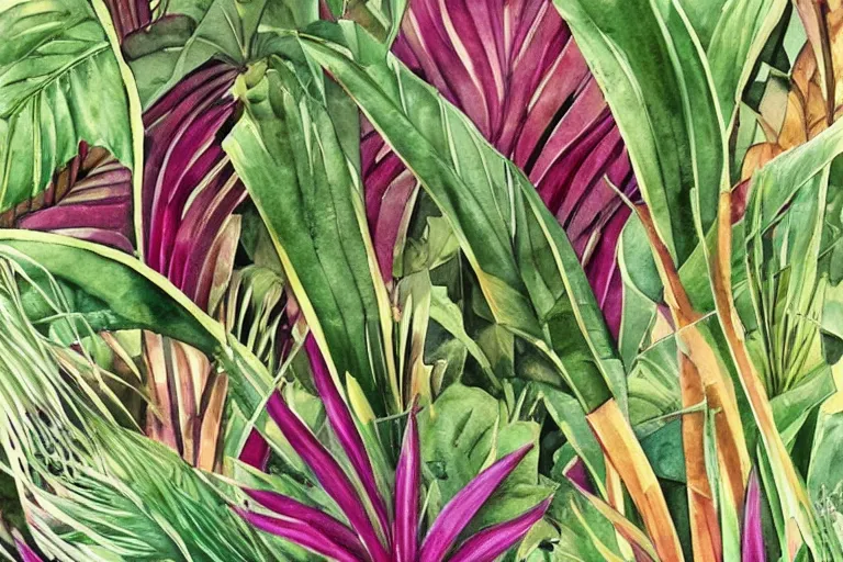 Prompt: watercolor artwork of exotic, elegant tropical prints : : green, art nouveau, trending on artstation