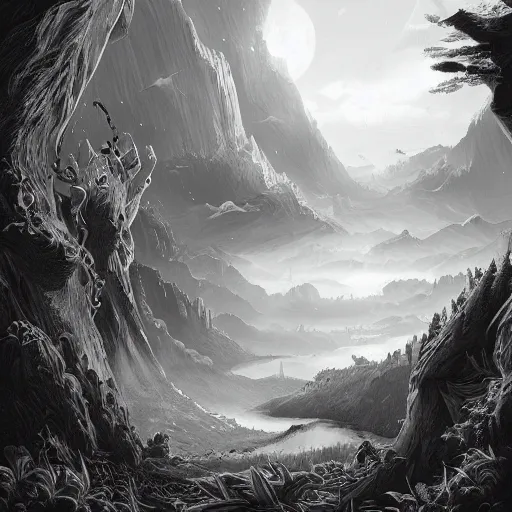 Prompt: impressive fantasy landscape, pure b & w, line art, behance, masterpiece