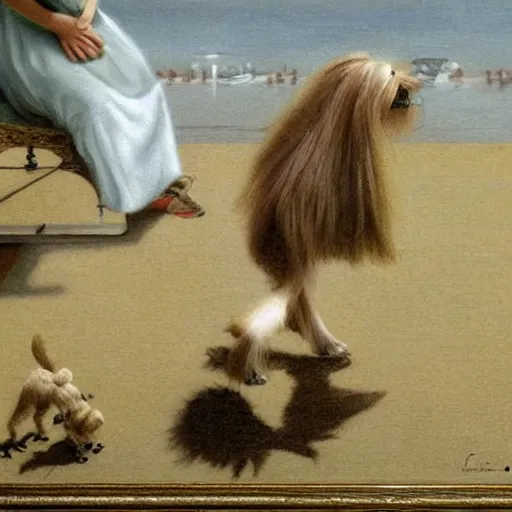 Prompt: Elle Fanning and a Yorkshire terrier, extremely detailed masterpiece, illustration, by Michael Sowa,