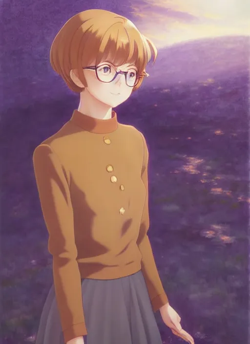 Image similar to Painting of Velma Dinkley in the style of Violet Evergarden, anime style, winged eyelashes, countryside, calm, fantasy character portrait, dark outlines, dynamic pose, above view, sunny day, artwork by Makoto Shinkai, very coherent asymmetrical artwork, sharp edges, perfect face, simple form, 100mm