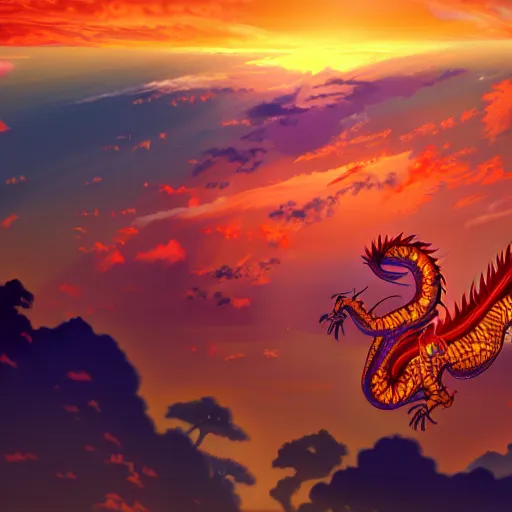 Prompt: Chinese dragon flying through a beautiful sunset sky, lighting, highly detailed, by Makoto Shinkai.