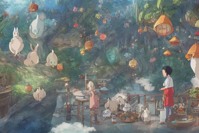 Image similar to Buyers choosing magic animals in magic animals market. 4K digital paint by studio Ghibli Hayao Miyazaki. Very sharp and detailed. Trending on ArtStation and Behance.