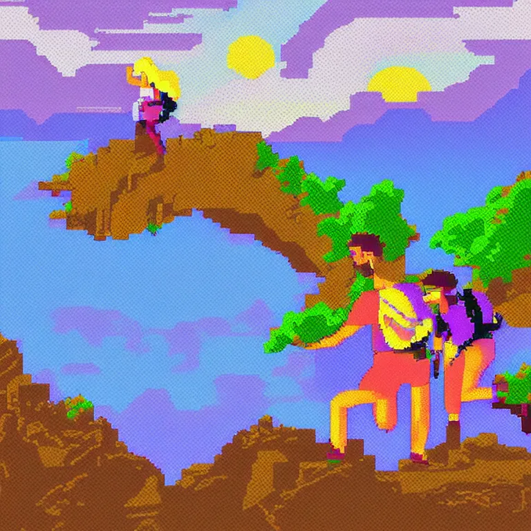 Image similar to pixel art of a dramatically lit night time scene of two colorful hikers wearing headphones and backpacks dancing quietly on a low rocky outcrop overlooking a wavy sea